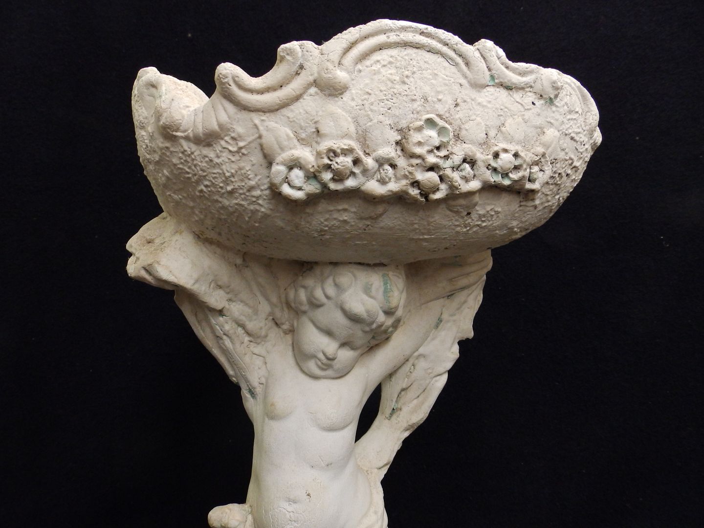 Vintage Plaster Cherub Shabby Floral Statue Chic Garden Planter Antique